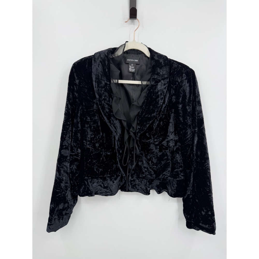Focus 2000 Crushed Velvet Ruffle Trim Blazer Womens 8 Black Tie Front Cropped
